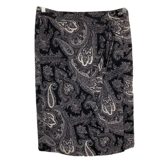 Talbots Skirt Womens Sz 6 Black Gray Paisley Wool Wrap Pencil‎ Lined Button - Picture 1 of 8